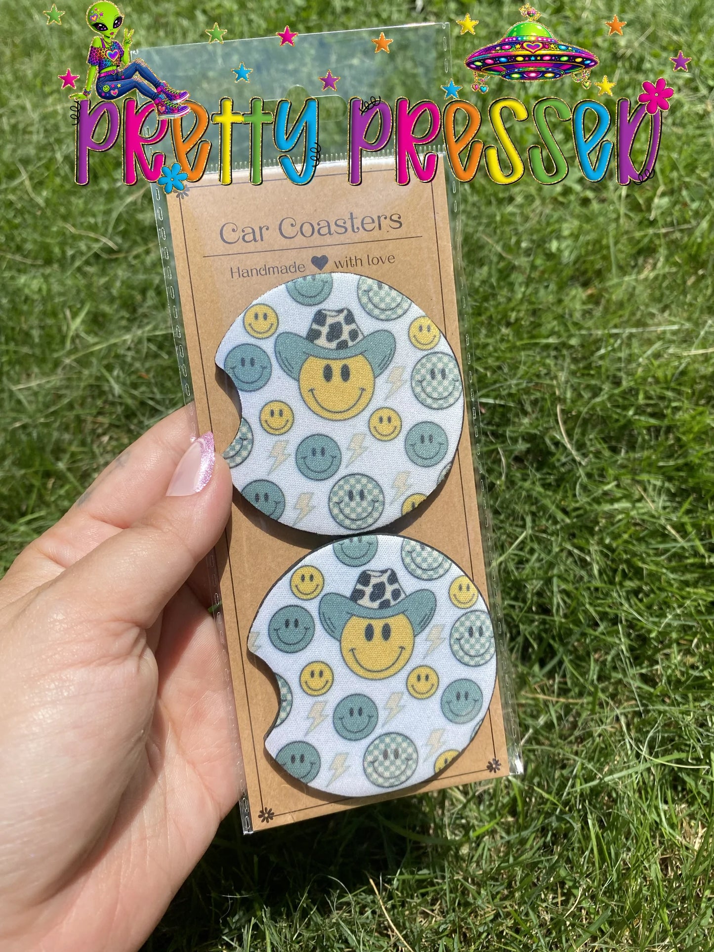 Cowboy Smiley Car Coaster set of 2