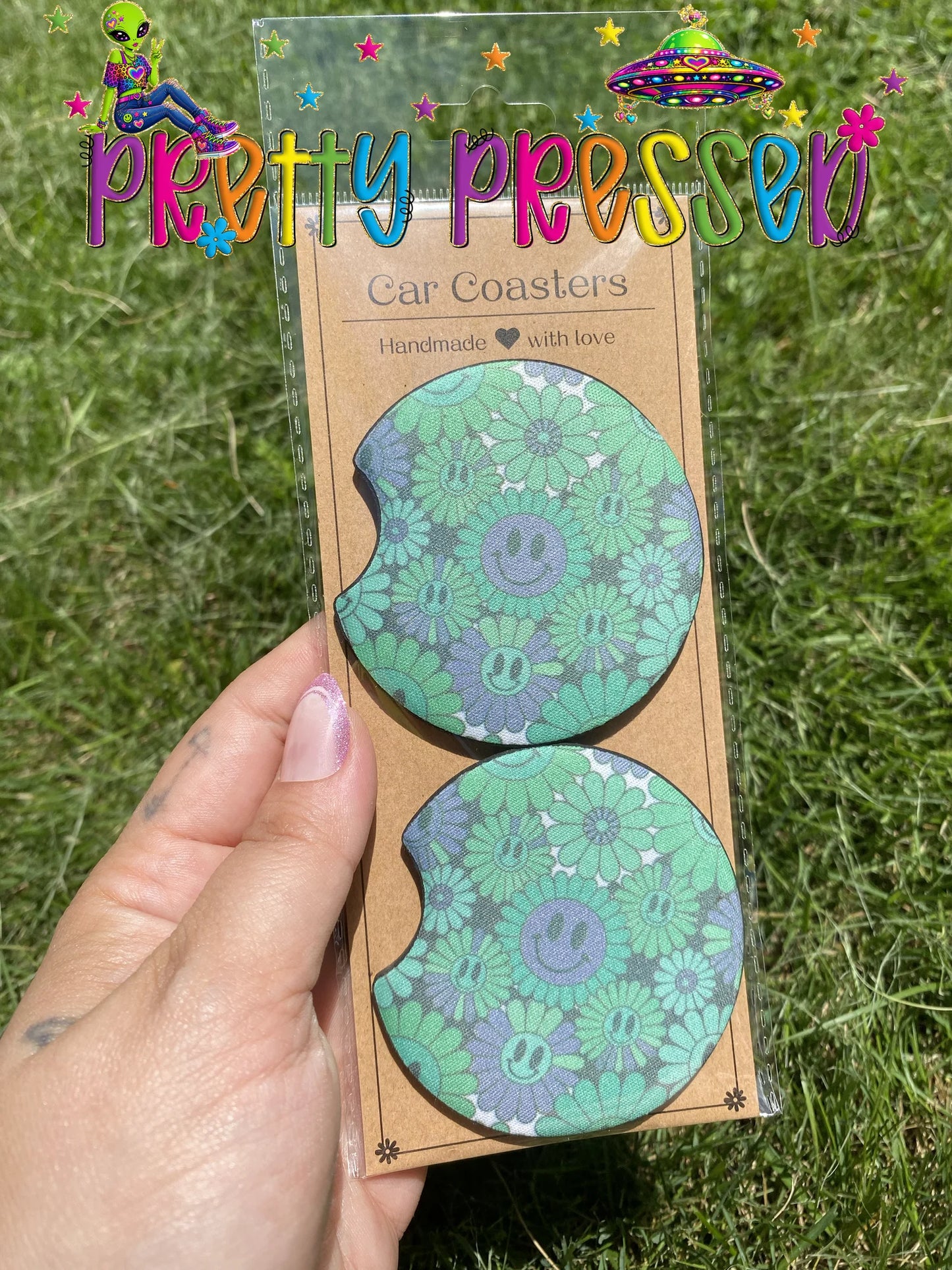Green Smiley Daisys Car Coaster set of 2
